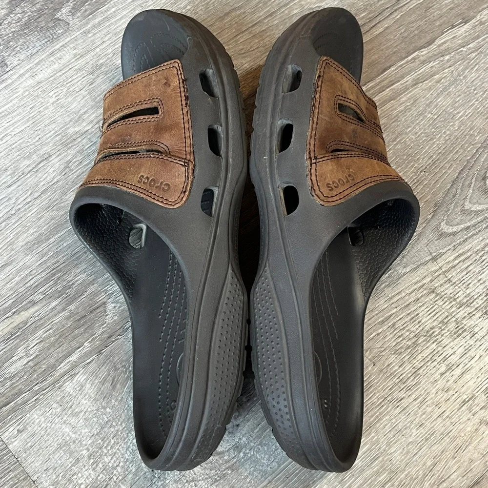 Crocs Yukon Slide Sandals Mens 13 Brown Leather Espresso Croslite Slip On Shoes